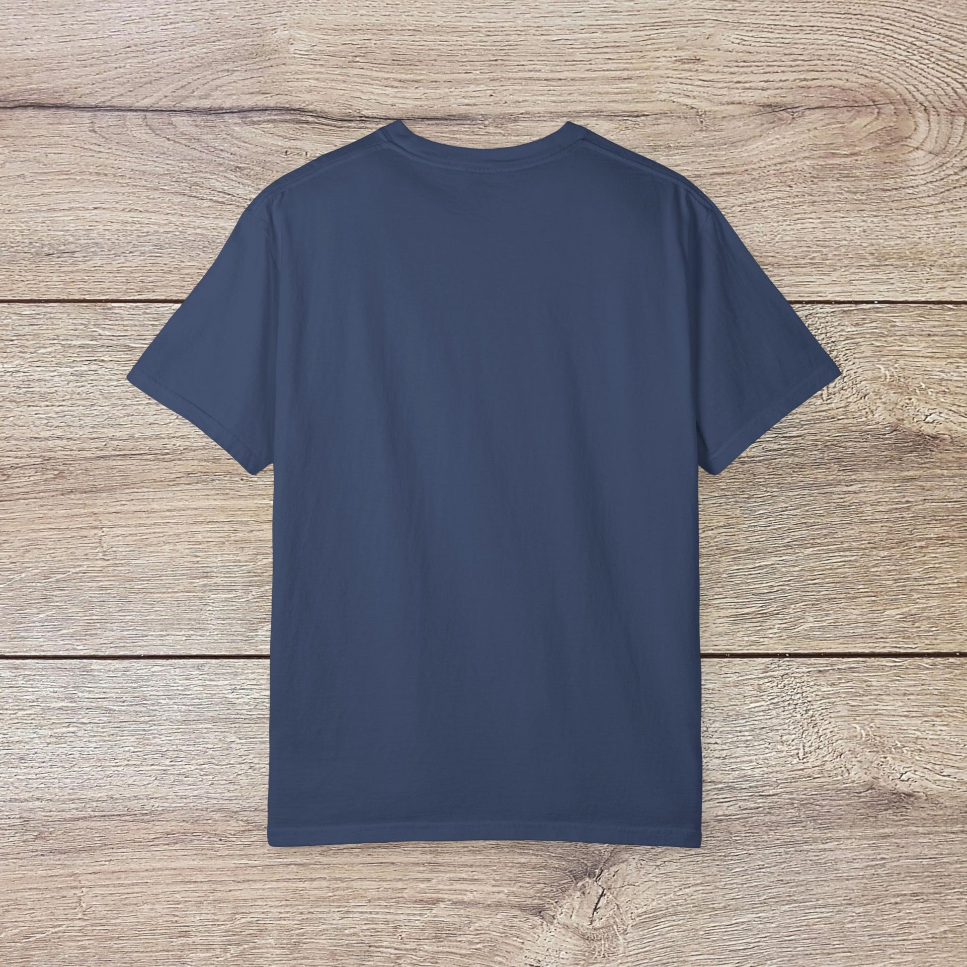 Men's Golden Tee: Comfortable Cotton T-Shirt, back view displayed on rustic wood grain.