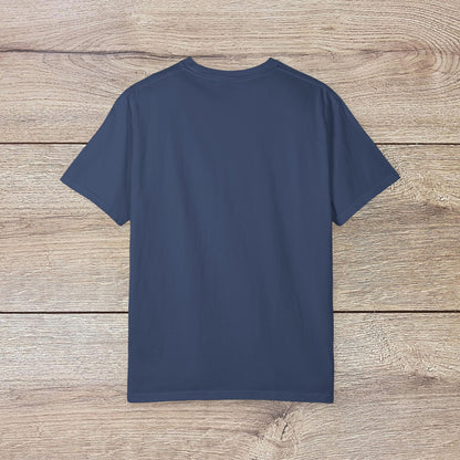 Men's Golden Tee: Comfortable Cotton T-Shirt, back view displayed on rustic wood grain.