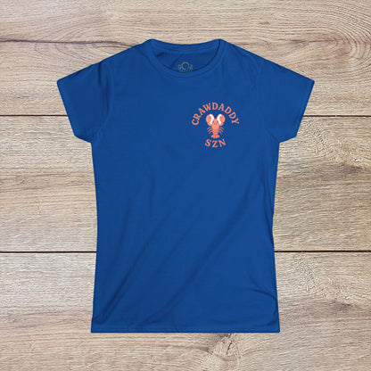Crawfish Boil Shirt for Women in vibrant blue, showcasing 'CRAWDADDY SZN' lettering, ideal for summer festivals and enjoying seafood. Trendy and comfortable for all occasions.