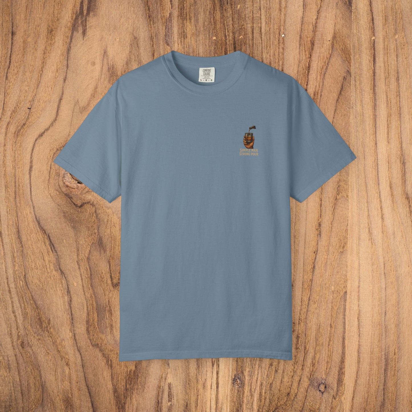 Simple Man Strong Pour T-Shirt in blue color, made from 100% cotton, featuring a stylish design and classic fit, perfect for any casual occasion.