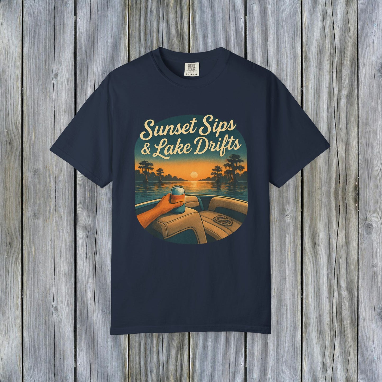Lake Drifts T-Shirt in navy blue featuring an illustration of a drink at sunset, a perfect addition to your outdoor wardrobe.