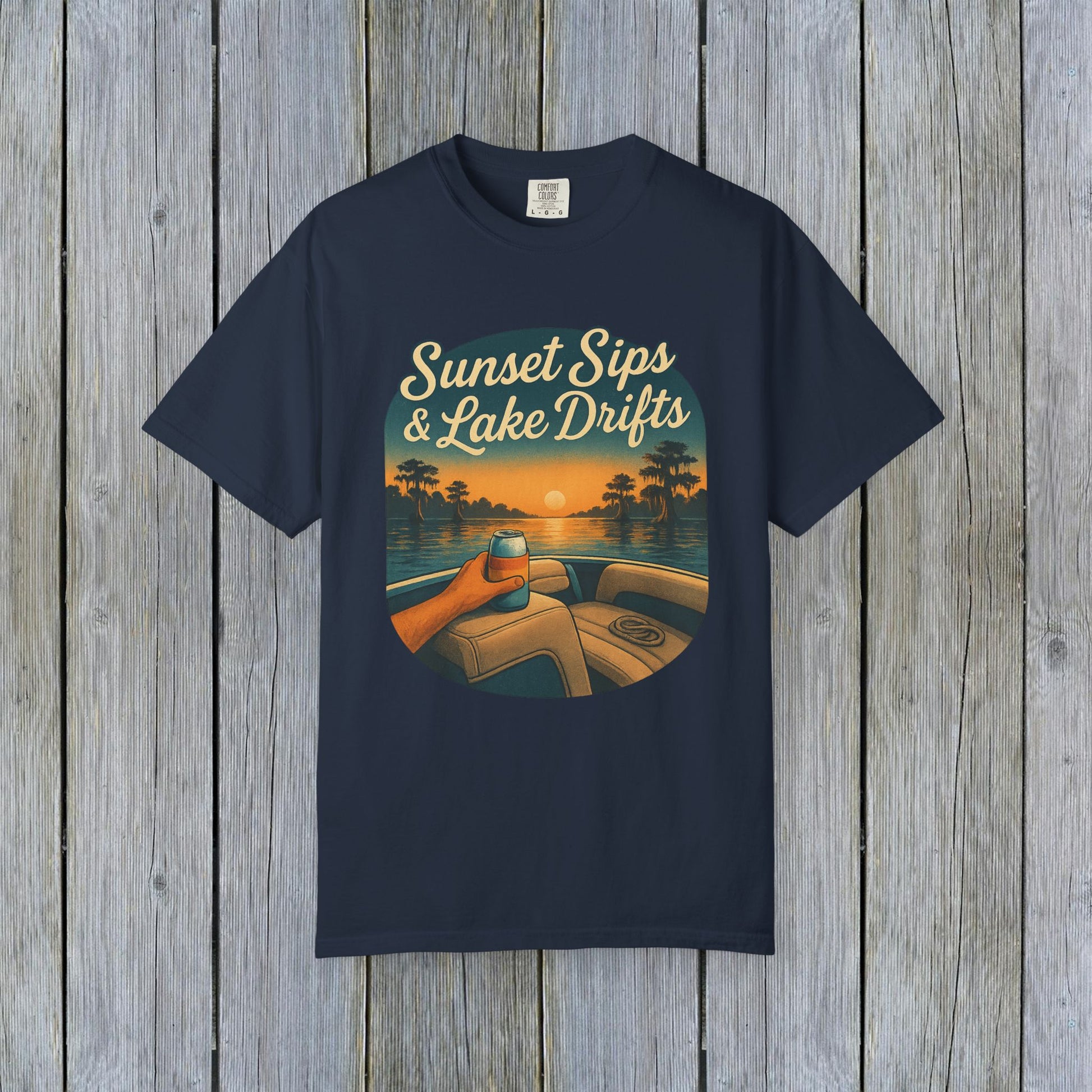 Lake Drifts T-Shirt in navy blue featuring an illustration of a drink at sunset, a perfect addition to your outdoor wardrobe.