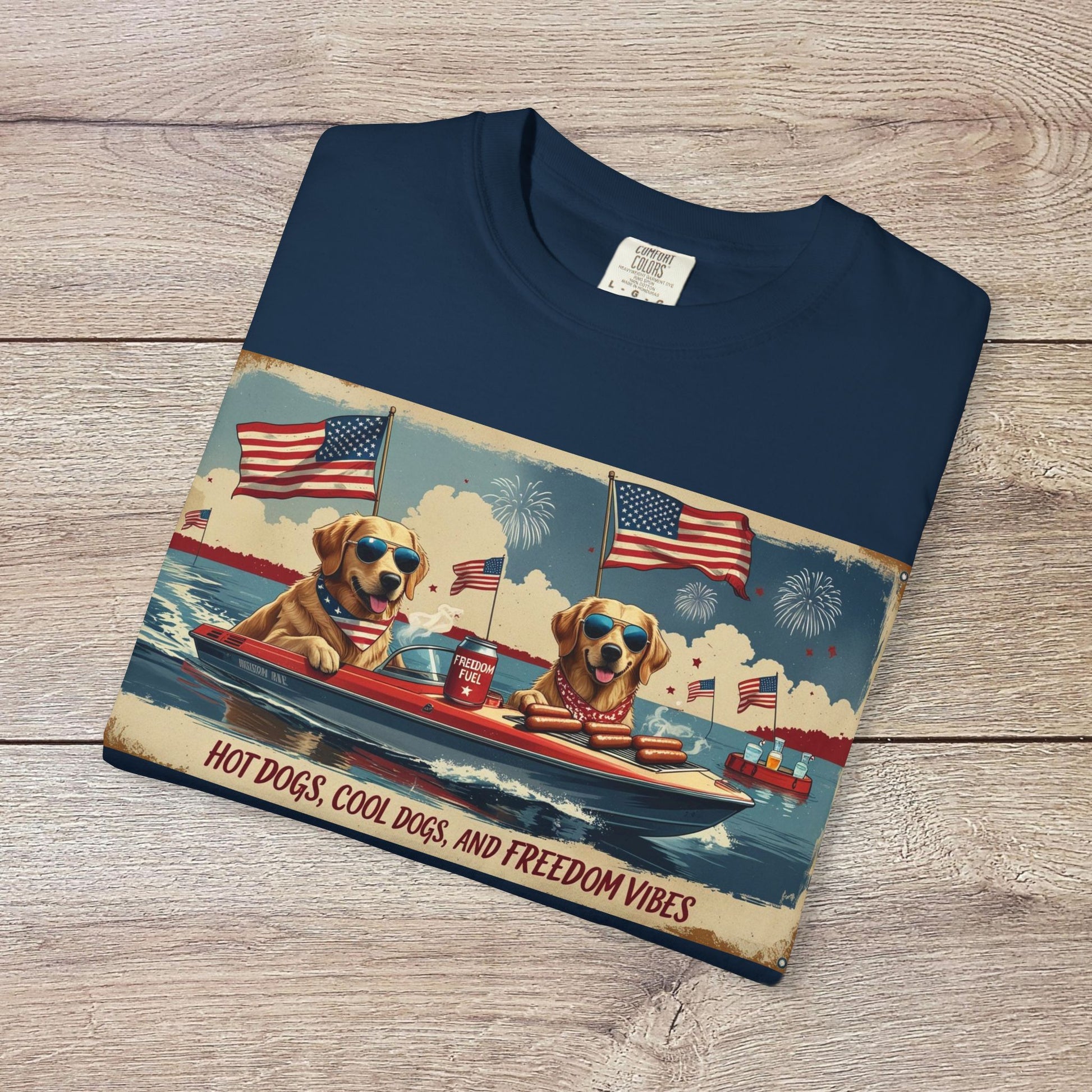 Men's Golden Tee: Comfortable Cotton T-Shirt featuring a fun design with dogs in sunglasses for summer vibes.