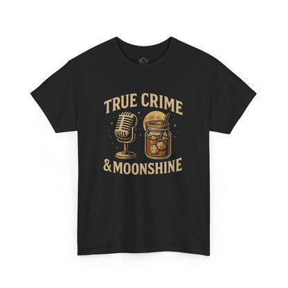 True Crime & Moonshine Unisex Graphic Tee in black featuring a vintage-inspired design with a microphone and jar, a great choice for true crime lovers.