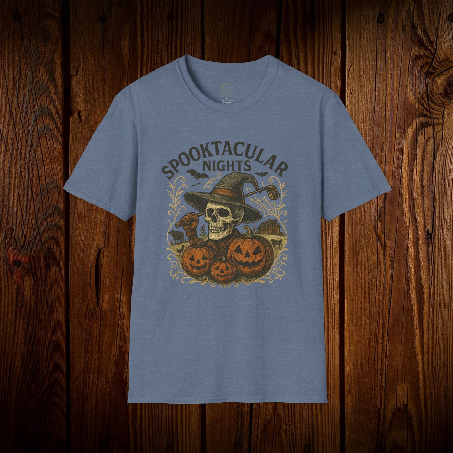 Spooktacular Nights Halloween T-Shirt for Unisex with a skull and pumpkins illustration on a blue background, ideal graphic costume top for festive fall gatherings.