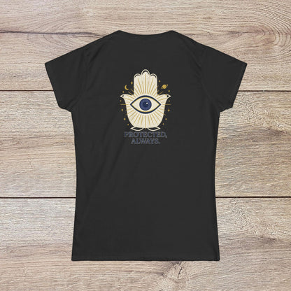 Ladies' V-Neck T-Shirt in classic black, featuring the 'PROTECTED, ALWAYS' graphic design on the back for a powerful statement.