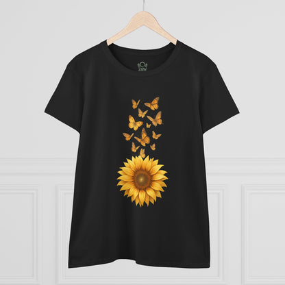 Sunflower & Butterflies Cotton Tee for Women displayed on a hanger against a white backdrop, featuring a striking sunflower and butterfly graphic, made with 100% soft cotton for comfort.