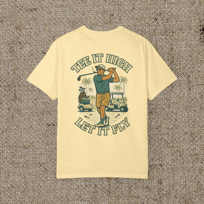 Back view of the Tee It High Let It Fly Graphic Tee in yellow, featuring a colorful golfer graphic and the playful slogan for golf lovers.