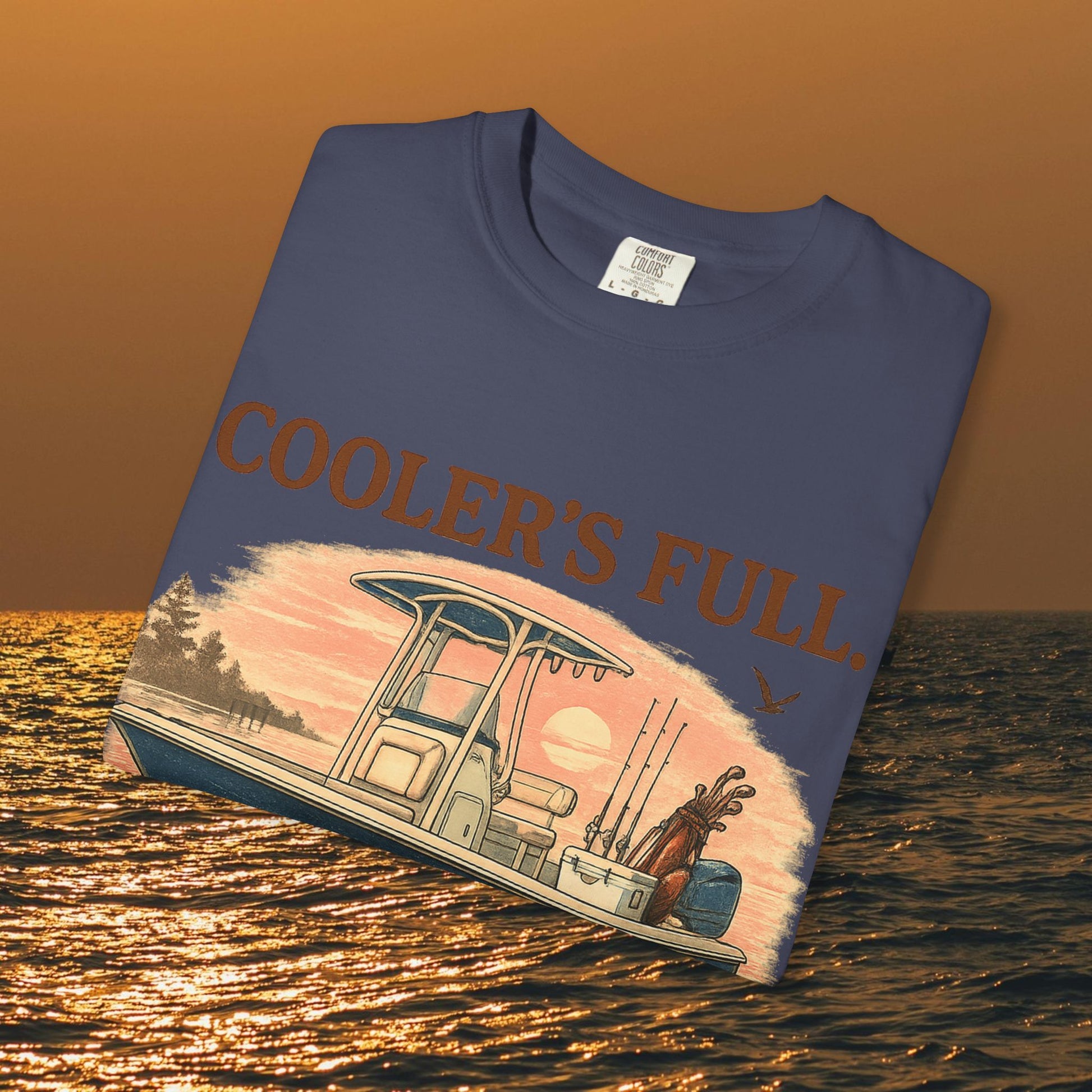 Front view of Men's & Women's Durable Cotton Full Tee in deep blue featuring 'COOLER'S FULL.' graphic, suitable for outdoor adventures.