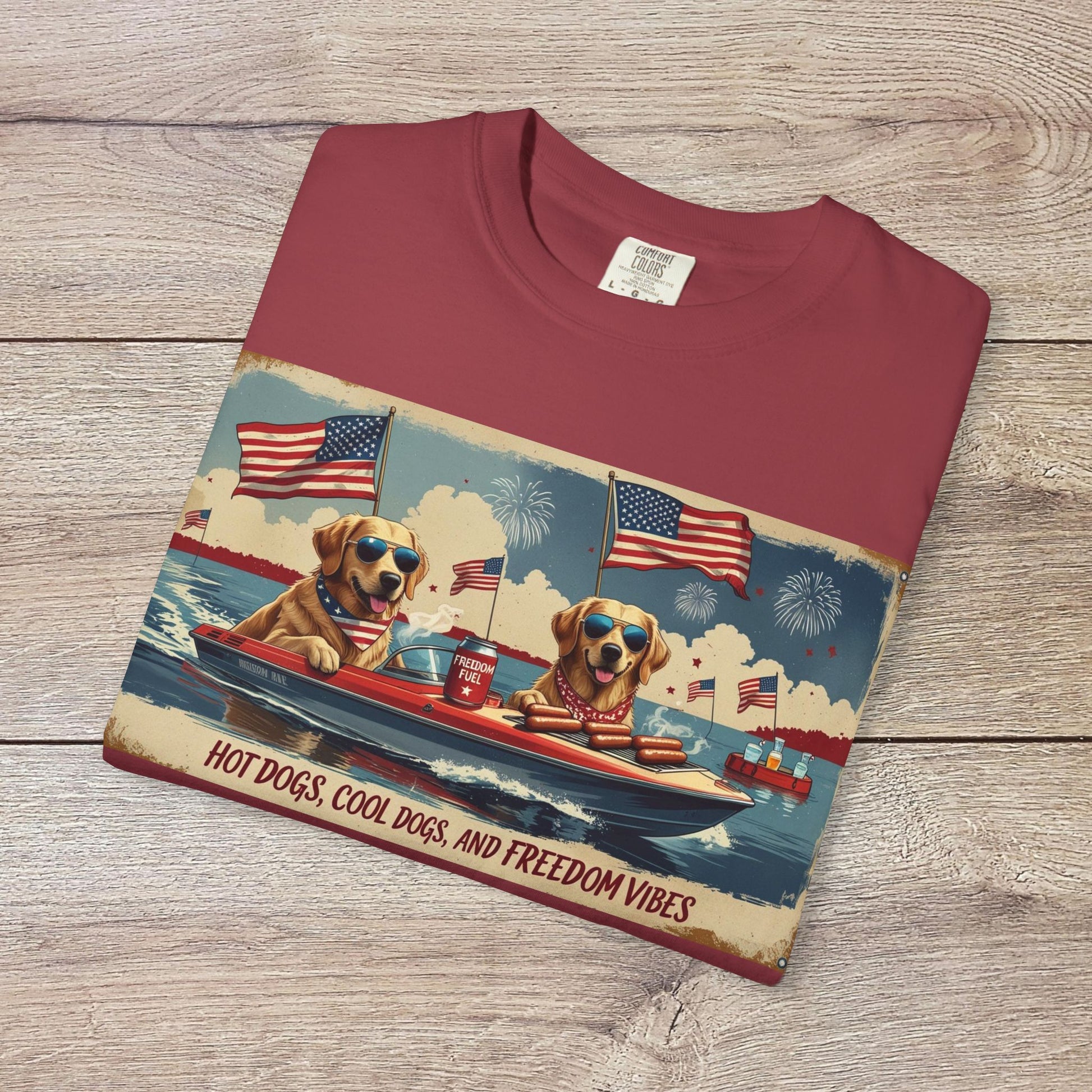 Men's Golden Tee T-Shirt featuring a unique design with two Labrador dogs in sunglasses, celebrating freedom, on a vibrant burgundy shirt. Comfortable and stylish in sizes S-5XL.