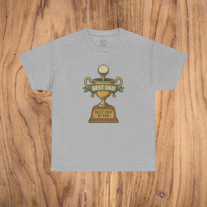 Best Dad Trophy T-Shirt in heather gray, featuring a stylish trophy illustration with 'Best Dad by Par', suitable for every proud dad.