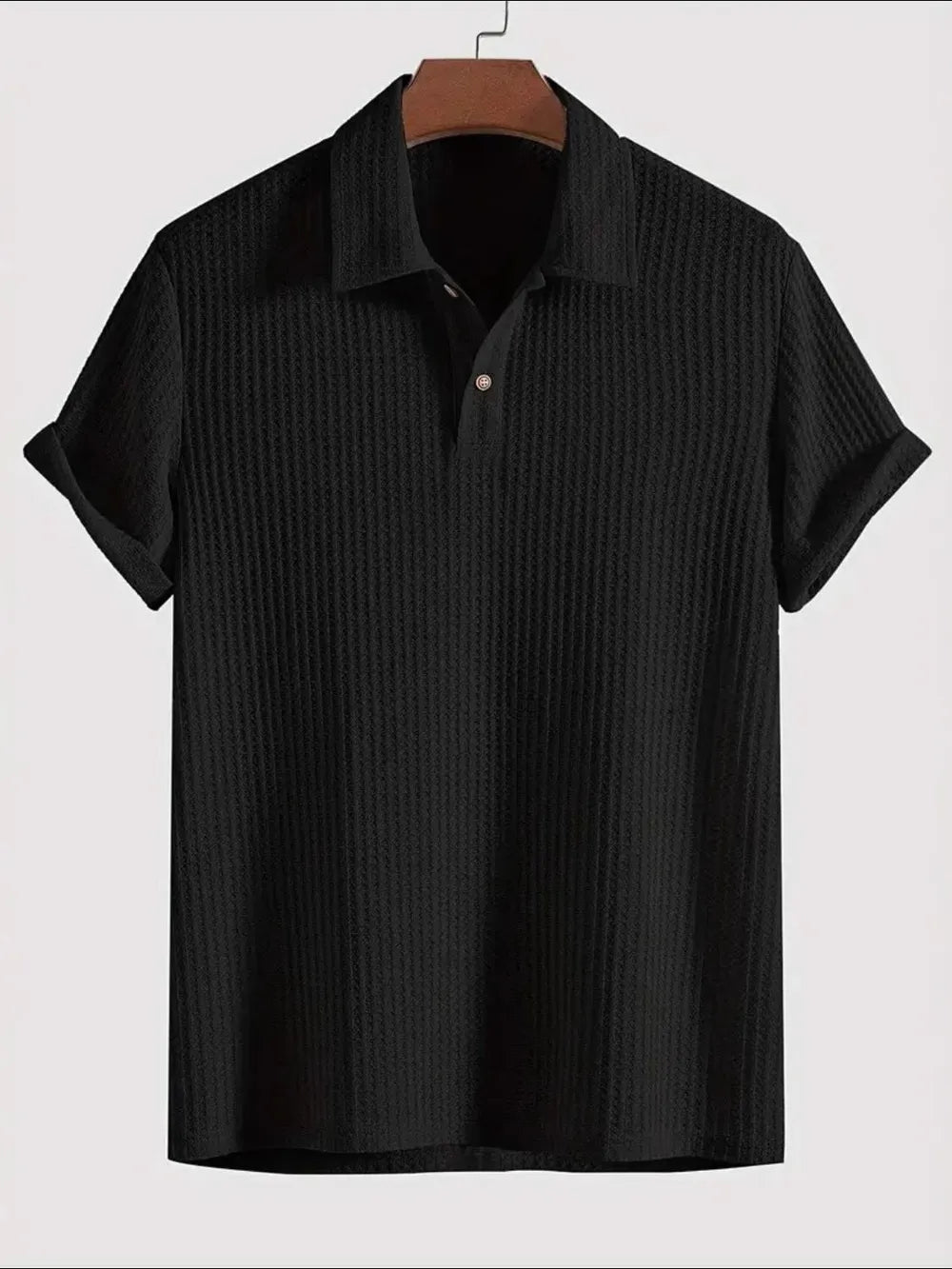 Men's Short Sleeve Polo Shirt with Waffle-Knit Texture in black color, adorned with a collared neck, made from 100% polyester, ideal for versatile styling.