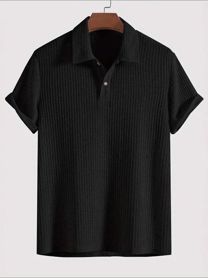 Men's Short Sleeve Polo Shirt with Waffle-Knit Texture in black color, adorned with a collared neck, made from 100% polyester, ideal for versatile styling.