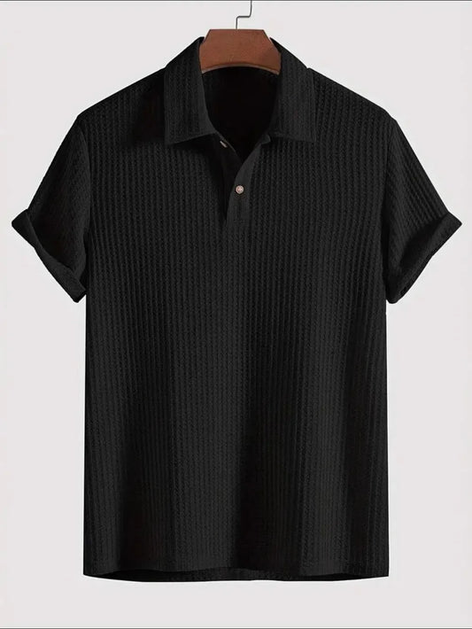 Men's Short Sleeve Polo Shirt with Waffle-Knit Texture in black color, adorned with a collared neck, made from 100% polyester, ideal for versatile styling.