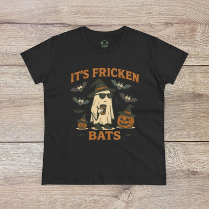 Halloween Unisex T-Shirt in black showcasing a graphic design of a cool ghost with a drink, bats, and pumpkins; crafted from 100% cotton, ideal for festive events.