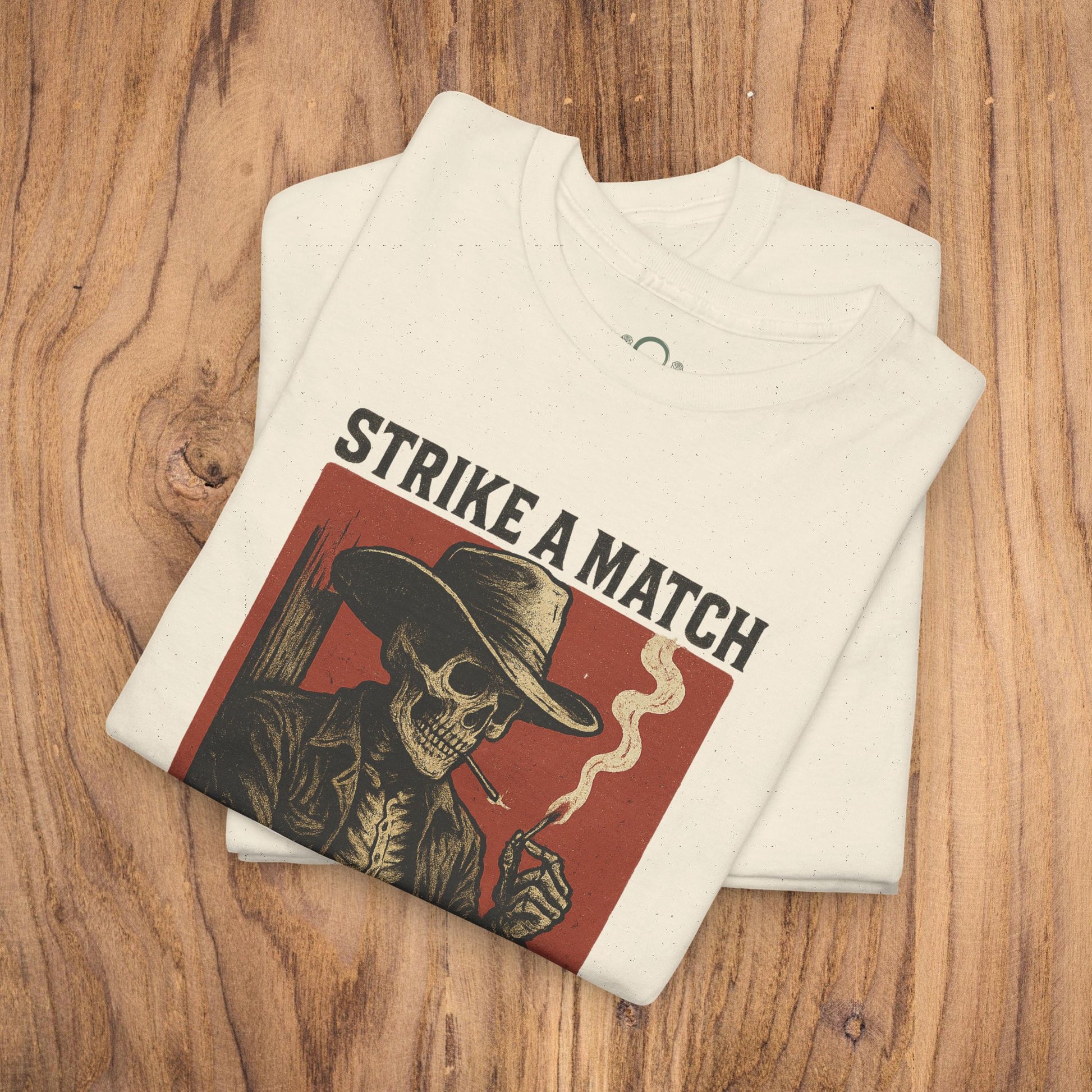 Bangtown Outlaws Retro Casual Party Shirt in beige, featuring a striking skull graphic and the phrase 'STRIKE A MATCH', perfect for stylish gifting and casual events.