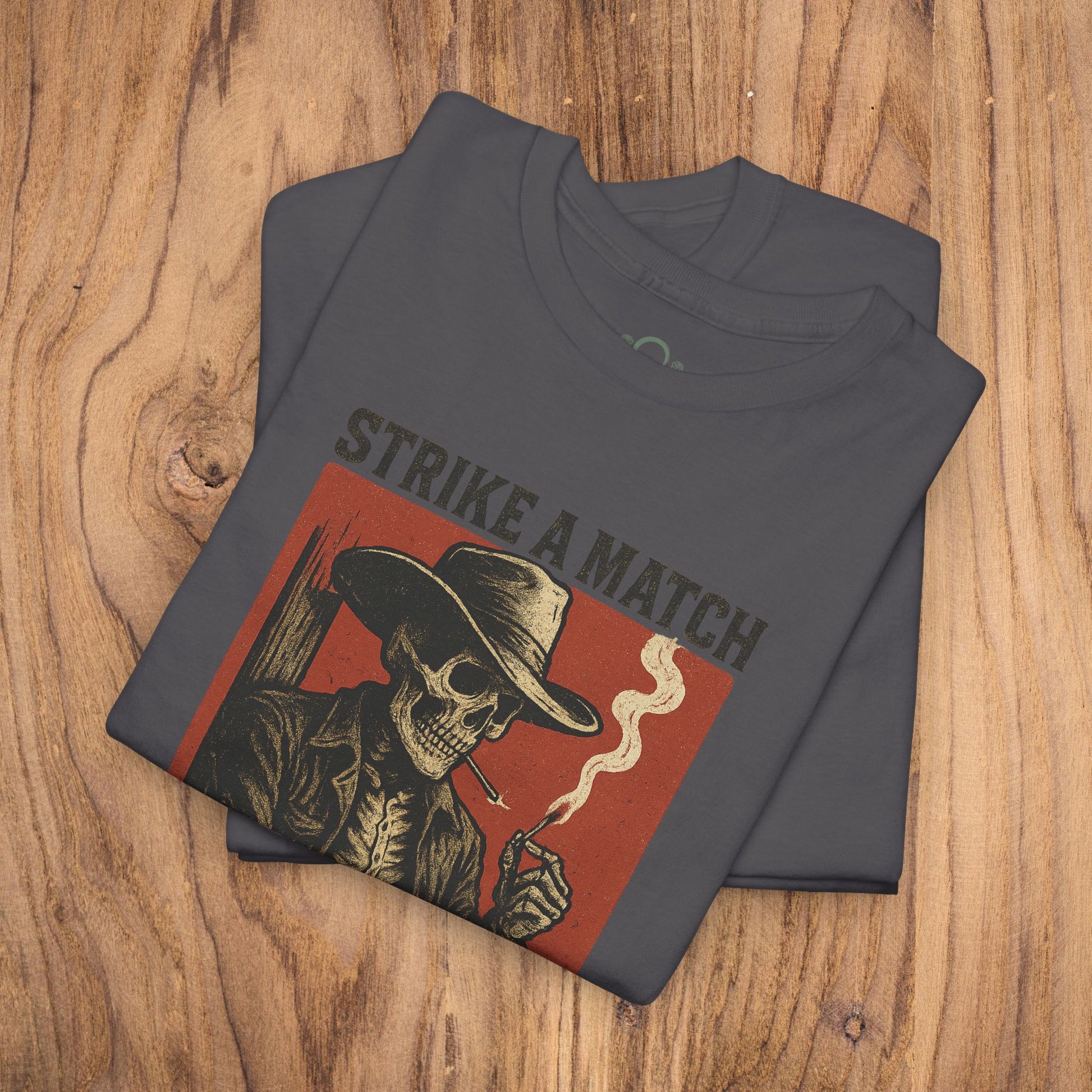 Bangtown Outlaws Retro Casual Party Shirt in charcoal gray featuring striking vintage graphic of a skull and cowboy smoking, perfect for stylish gifting and casual events.
