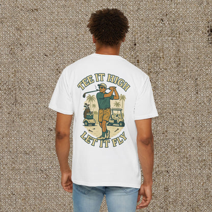 Tee It High Let It Fly Graphic Tee featuring a golfer in action on the back; perfect for golf enthusiasts seeking stylish comfort.