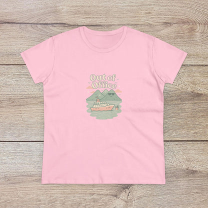 Out Of Office Cruise Tee in pink featuring a cute illustration of a cruise ship on water with mountains in the background, designed with a soft cotton blend for warm weather.