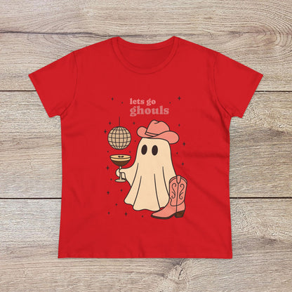 Let's Go Ghouls Tee in vibrant red, showcasing a charming ghost character with cowboy boots and a drink, designed for comfort and style. Crafted from 100% cotton and offered in sizes S-3XL.
