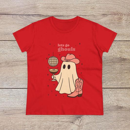 Let's Go Ghouls Tee in vibrant red, showcasing a charming ghost character with cowboy boots and a drink, designed for comfort and style. Crafted from 100% cotton and offered in sizes S-3XL.
