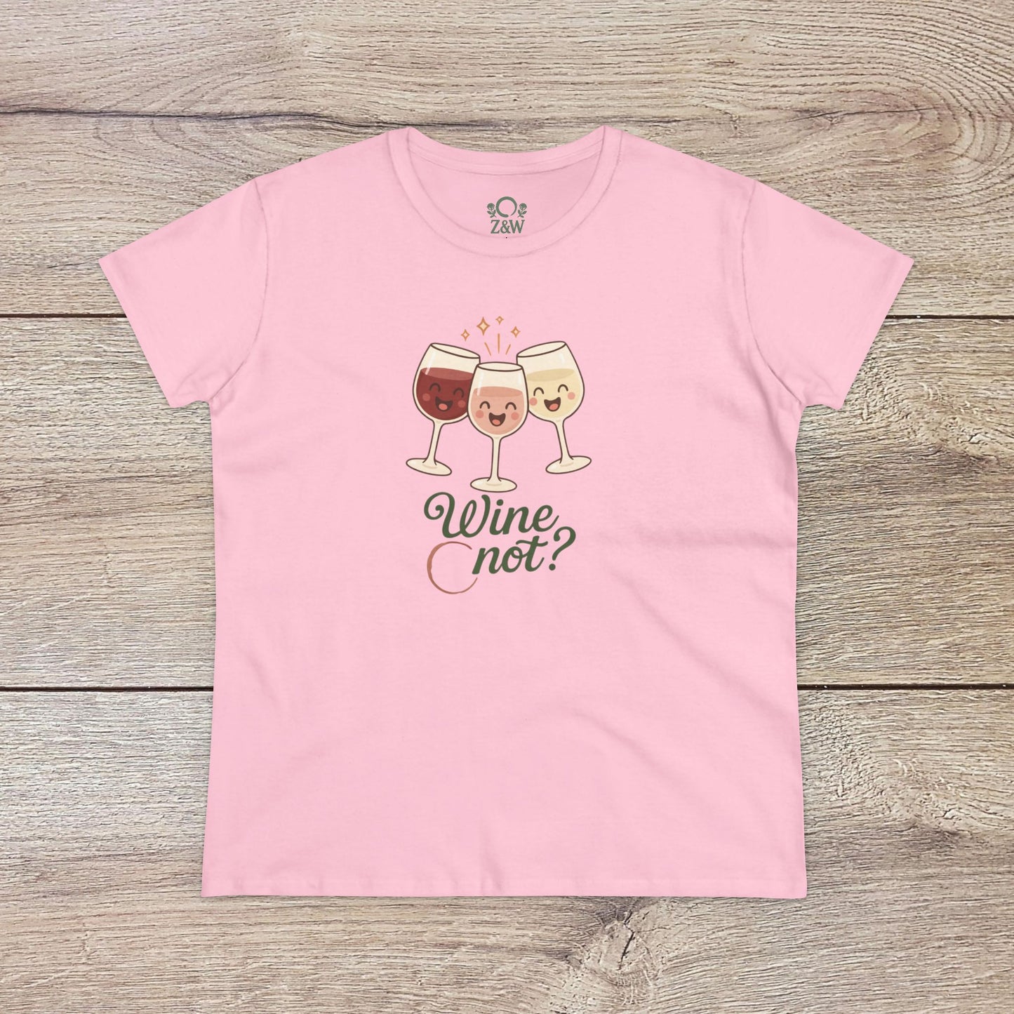 Wine Not Tee in soft pink highlighting three playful wine glasses. Made with 100% ring-spun cotton and a seamless design for a clean look.