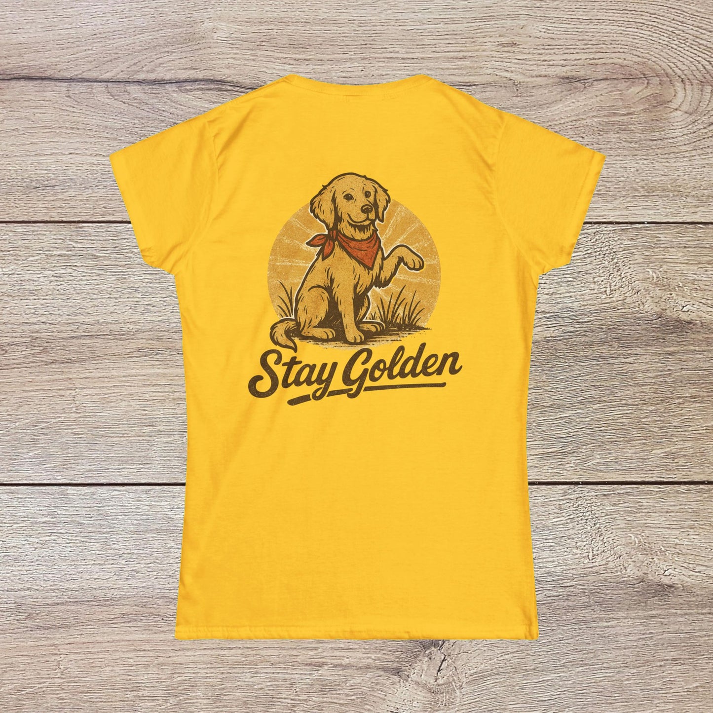 Back view of the vibrant yellow Stay Golden Dog Tee, featuring a playful golden retriever illustration that celebrates canine companionship.