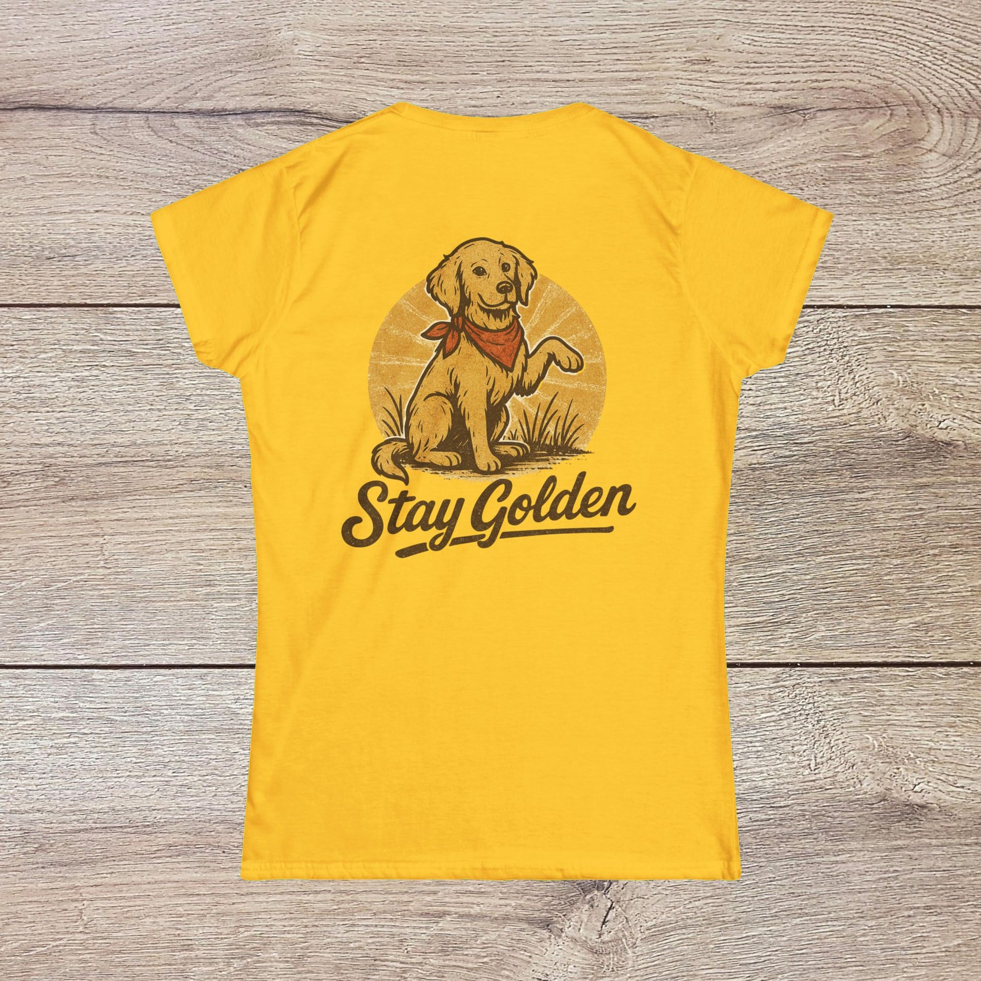 Back view of the vibrant yellow Stay Golden Dog Tee, featuring a playful golden retriever illustration that celebrates canine companionship.