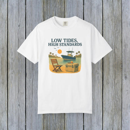 Garment-Dyed Low Tides High Standards T-Shirt in white, depicting a beach lifestyle with graphics of a boat and chair, a must-have for your casual wardrobe.