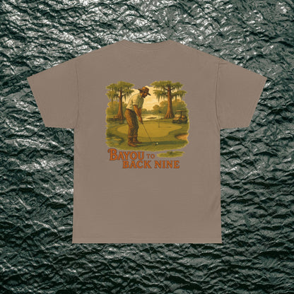 Bayou To Back Nine Softstyle Golf Tee displaying a nostalgic golf-themed print on a beige t-shirt, perfect for casual wear and leisure activities.