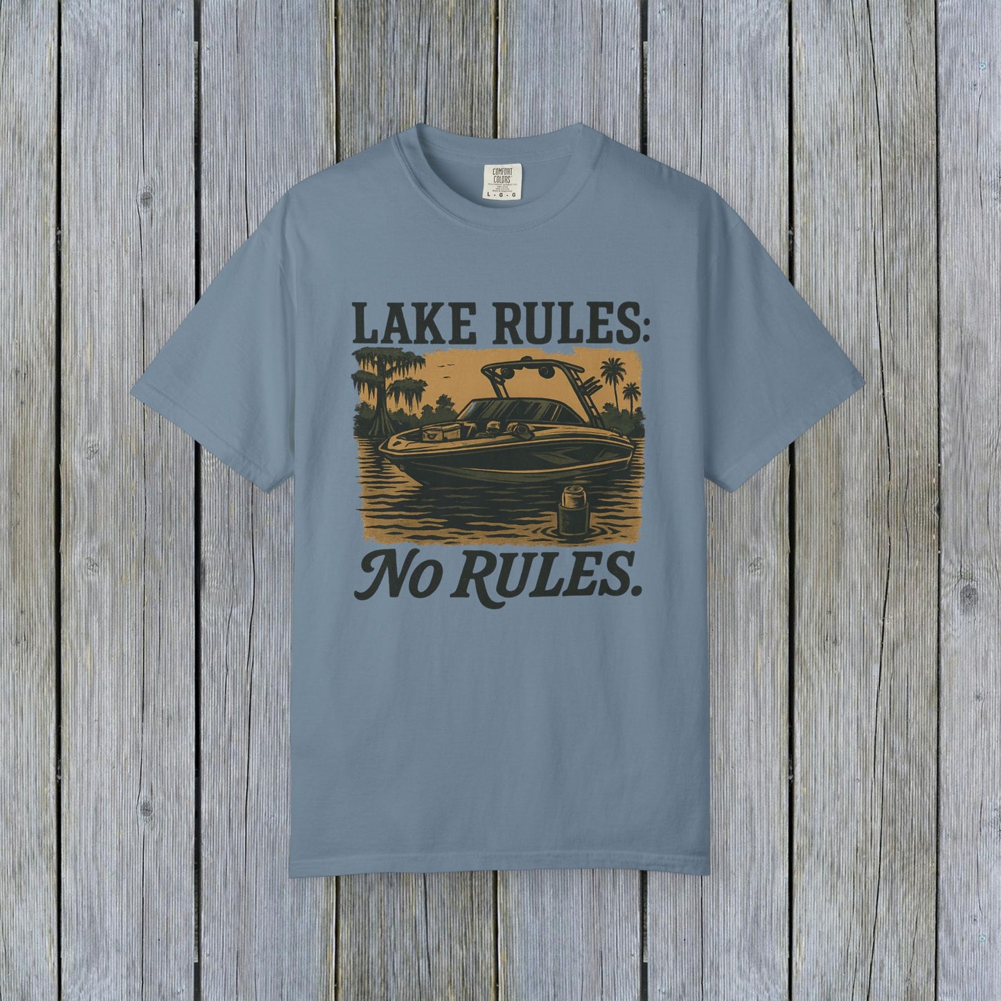 Unisex Garment-Dyed Lake Rules Tee in light blue, featuring 'Lake Rules: No Rules' text, a must-have for relaxing by the water.
