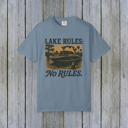 Unisex Garment-Dyed Lake Rules Tee in light blue, featuring 'Lake Rules: No Rules' text, a must-have for relaxing by the water.
