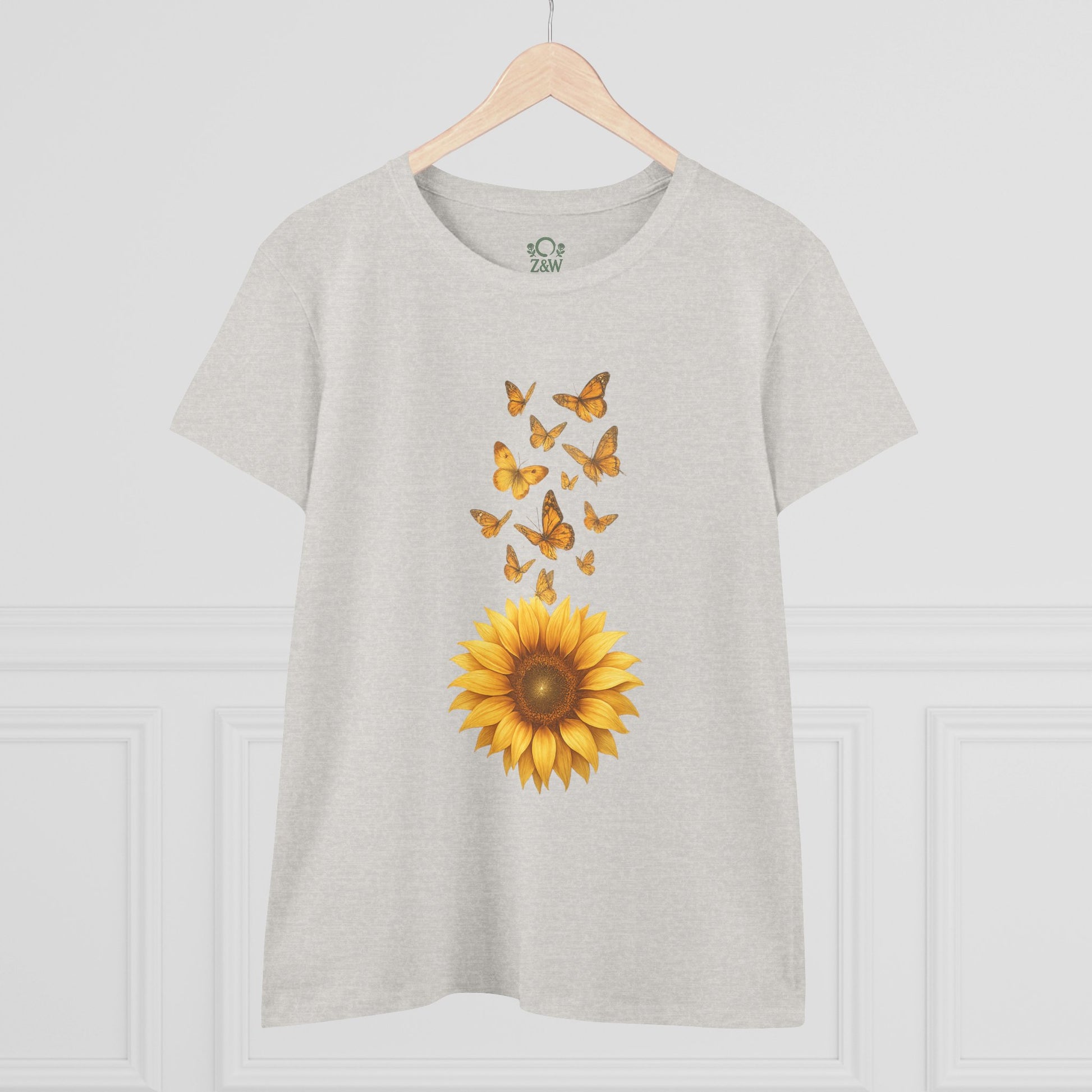 Front view of the light gray Sunflower & Butterflies Cotton Tee for Women, displaying beautiful sunflower and butterfly artwork, ideal for floral enthusiasts.