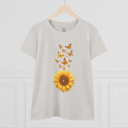 Front view of the light gray Sunflower & Butterflies Cotton Tee for Women, displaying beautiful sunflower and butterfly artwork, ideal for floral enthusiasts.