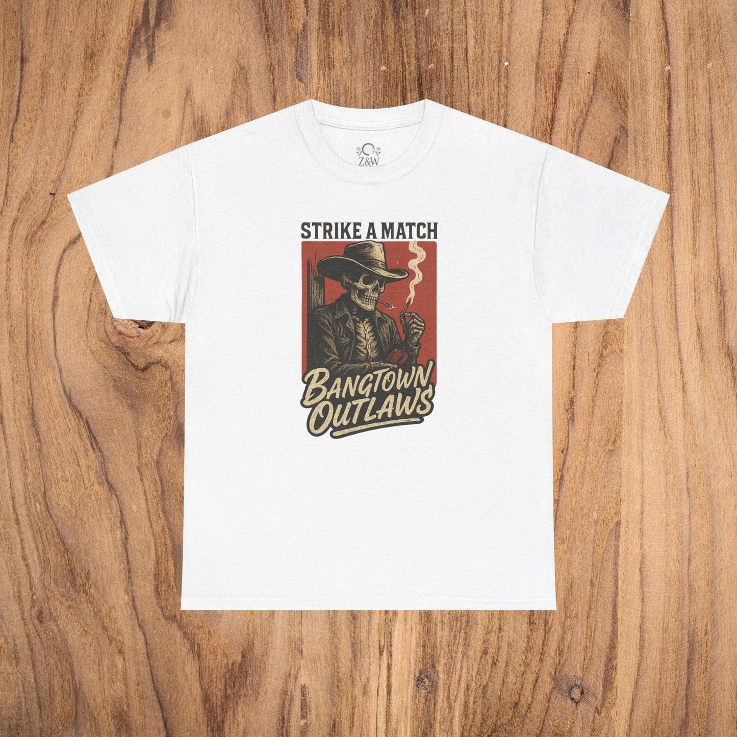 Bangtown Outlaws Retro Casual Party Shirt in white color featuring a vintage design with a skeleton and the phrase 'Strike a Match' for stylish gifting and fun events.