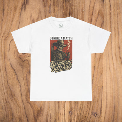 Bangtown Outlaws Retro Casual Party Shirt in white color featuring a vintage design with a skeleton and the phrase 'Strike a Match' for stylish gifting and fun events.