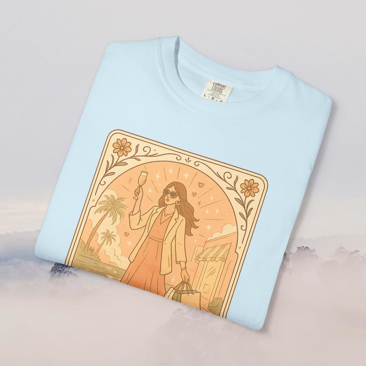 Brunch Babe Tarot Graphic Tee in light blue, featuring an elegant design of a brunch-loving woman, perfect for any casual wardrobe.