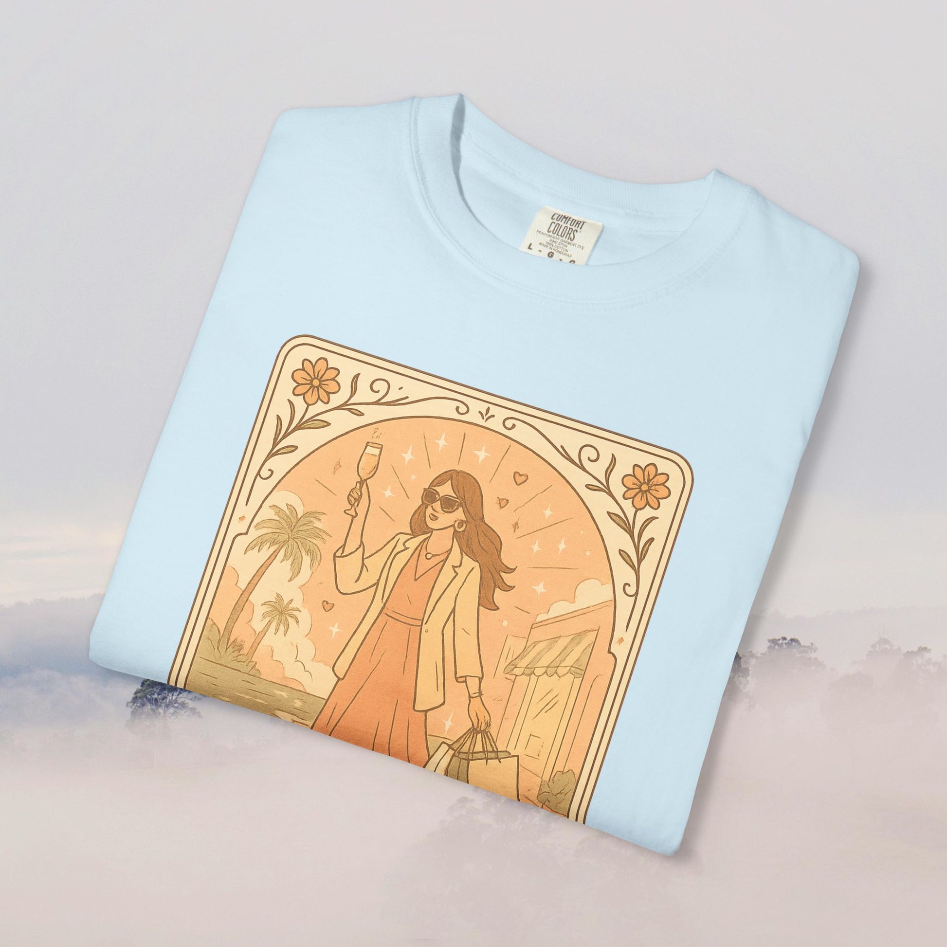 Brunch Babe Tarot Graphic Tee in light blue, featuring an elegant design of a brunch-loving woman, perfect for any casual wardrobe.