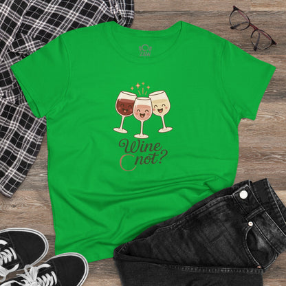 Casual view of the green Wine Not Tee with three happy wine glasses graphics and the slogan 'Wine not?', ideal for relaxed outings.