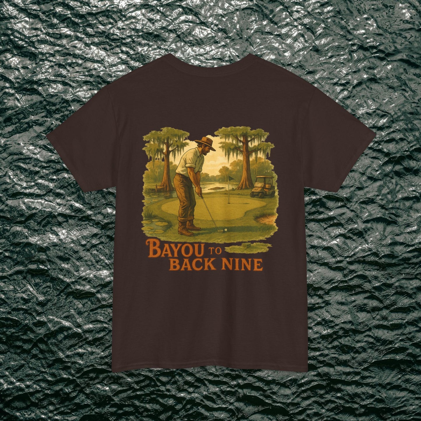 Bayou To Back Nine Softstyle Golf Tee featuring a vintage golf illustration on a dark brown t-shirt, perfect for comfortable casual outings.