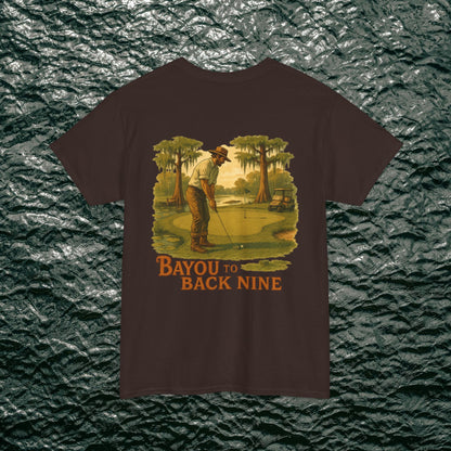 Bayou To Back Nine Softstyle Golf Tee featuring a vintage golf illustration on a dark brown t-shirt, perfect for comfortable casual outings.