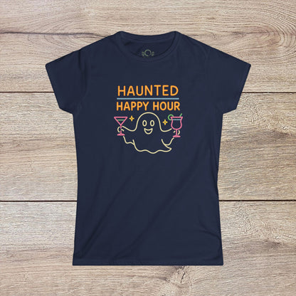 Haunted Happy Hour T-Shirt featuring a fun ghost graphic with cocktails, perfect for Halloween parties and eco-friendly style.