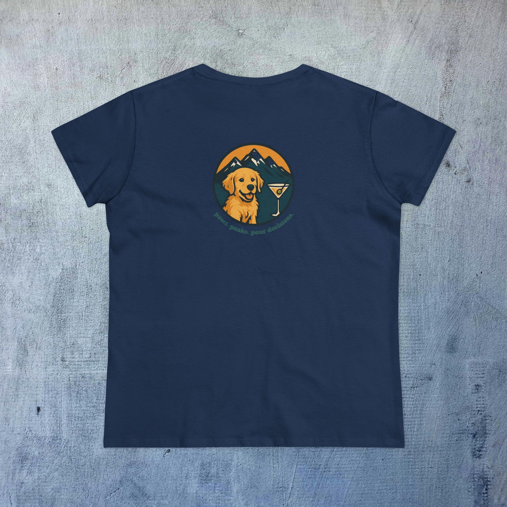 Unisex Dog Lover T-Shirt in navy color featuring a golden retriever illustration with mountains and a martini glass. Perfect for casual comfort.