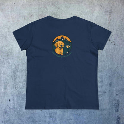 Unisex Dog Lover T-Shirt in navy color featuring a golden retriever illustration with mountains and a martini glass. Perfect for casual comfort.