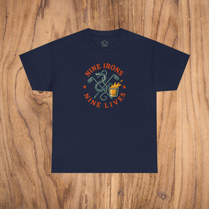 Golf-Themed 100% Cotton T-Shirt in navy color featuring the phrase 'Nine Irons Nine Lives', a stylish choice for golf fans and an excellent gift idea for dads.
