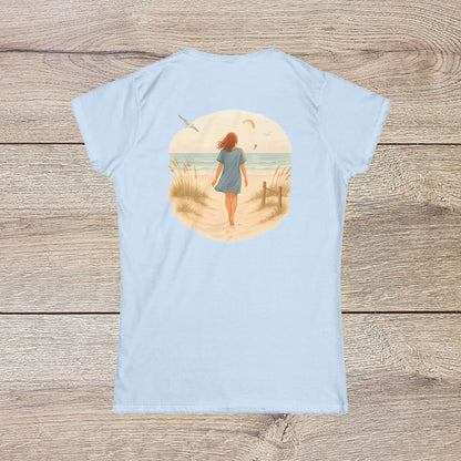 Women's Coastal Spirit Midweight Cotton Tee featuring a serene beach graphic on the back, perfect for beach lovers and casual outings.