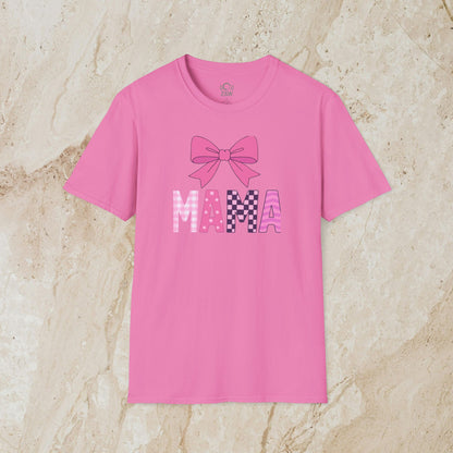 Pink Mama Bow Tee with a stylish bow graphic, made of seamless 100% cotton with a durable ribbed collar.