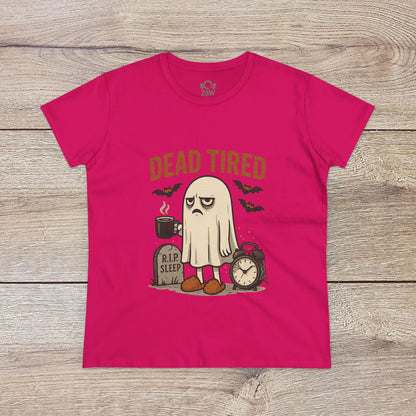 Cute Whimsical Ghost T-Shirt for Halloween in vibrant pink, featuring a sleepy ghost with the text 'DEAD TIRED' and a grave marker, perfect for casual lounge wear.