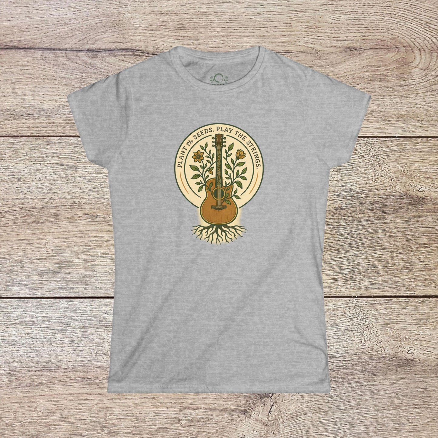 Cozy Plant Guitar Sweatshirt with Kangaroo Pocket and Adjustable Hood - Ethically Made, illustrating a guitar surrounded by foliage design on a gray shirt.