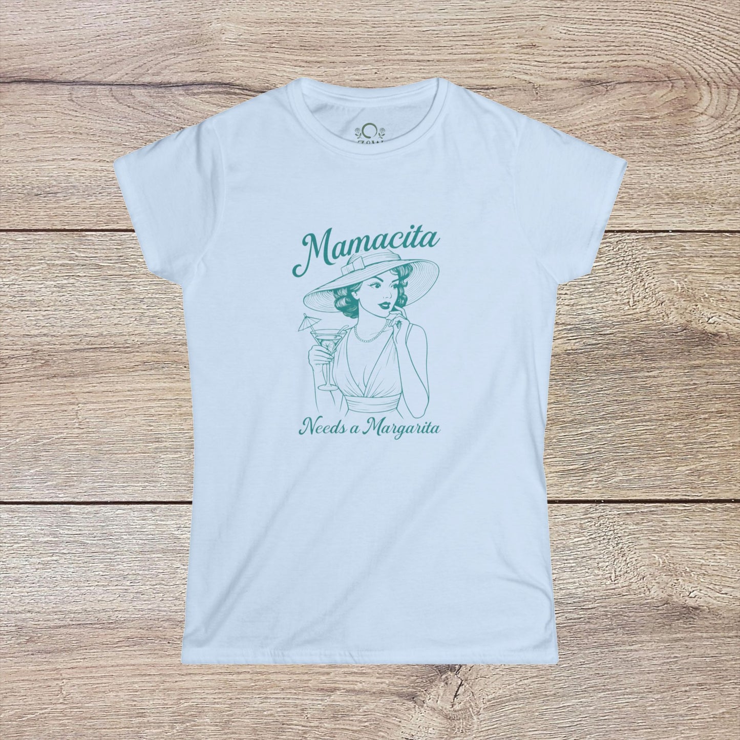 Mamacita Margarita Cotton Tee in white, featuring a vintage-inspired illustration of a woman holding a margarita, promoting a soft, durable fabric with an eco-friendly design.